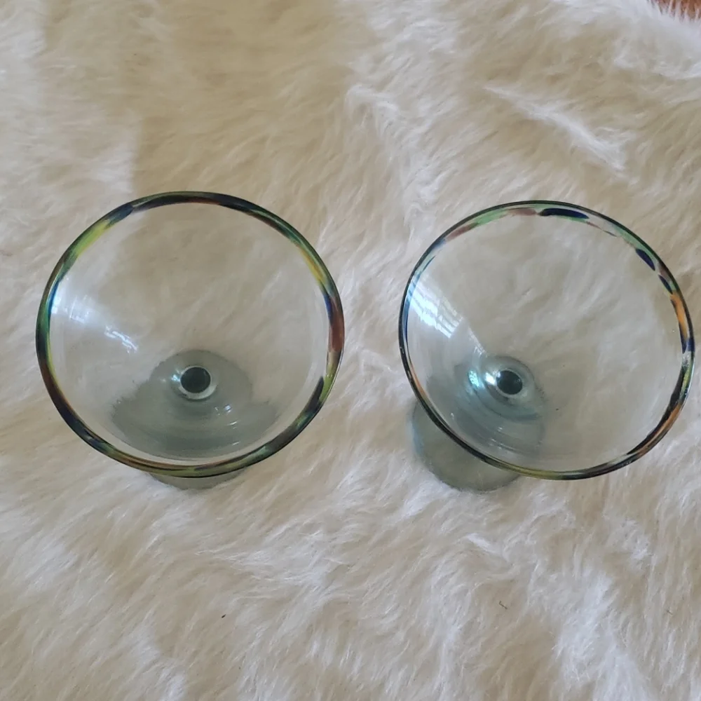 PIER I Imports Set of‎ Two Mexican Hand Blown Confetti Rim Clear Martini Glasses